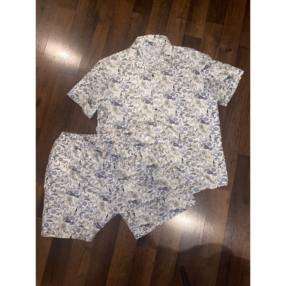 Mens XL Beige Floral‎ Print 2 Piece Romper Shirt and Shorts Set Lounge Beachwear